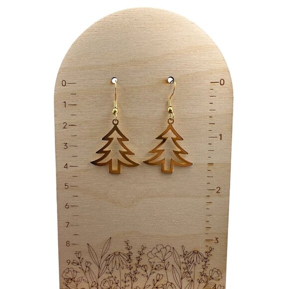 Christmas Tree Cut-out Earrings 24KT Gold Plated Pine Trees Gold Plated Hooks - Picture 9 of 10